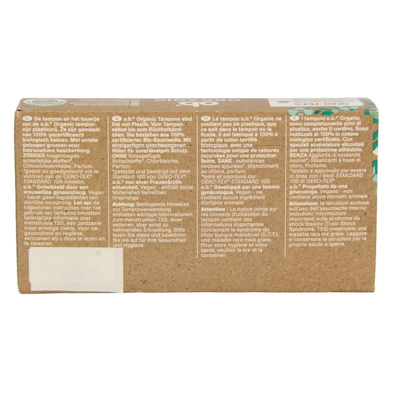 OB organic normal tampons, 16-pack, feminine hygiene product with discreet applicator and absorbent material for women.