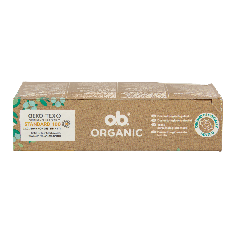 Organic OB Tampons normal, 16-pack, designed for women, with biodegradable applicators and discreet packaging.