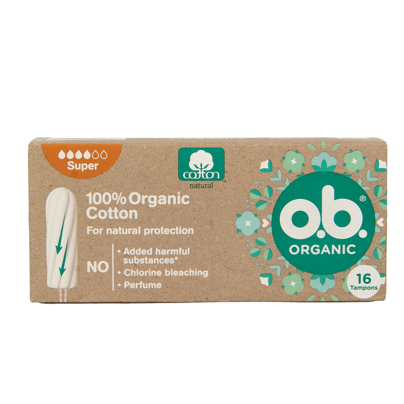 OB organic super tampons, 16-pack, discreetly displayed in a box, designed for women’s feminine hygiene.