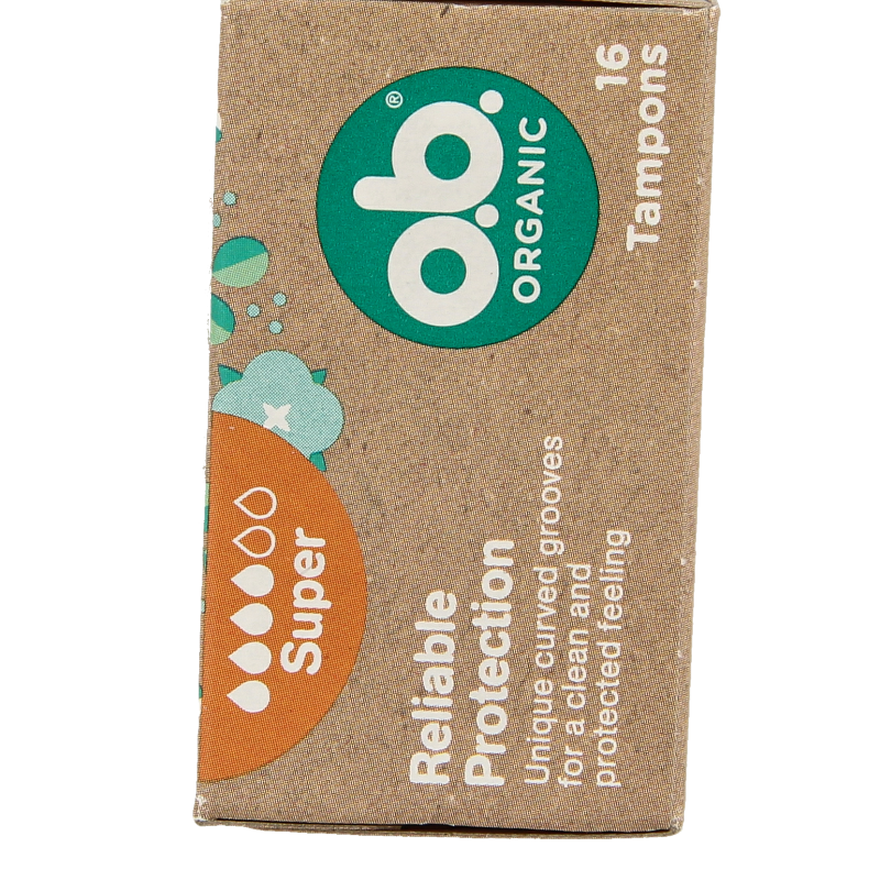 Organic OB Tampons super absorbency, 16-piece pack, feminine hygiene product for women, showing the tampon packaging and branding.