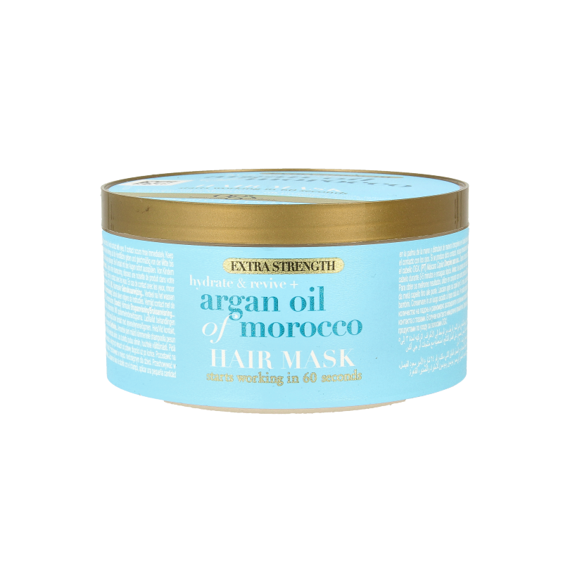 OGX Argan Oil of Morocco hair mask in a 300ml jar, nourishing hair care treatment with argan oil for shiny, healthy hair.