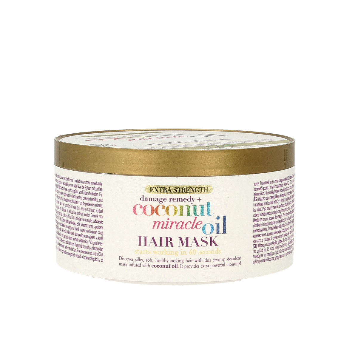 OGX Extra Strength Coconut Miracle Oil Hair Mask in 300ml jar, nourishing hair care product for damaged hair.