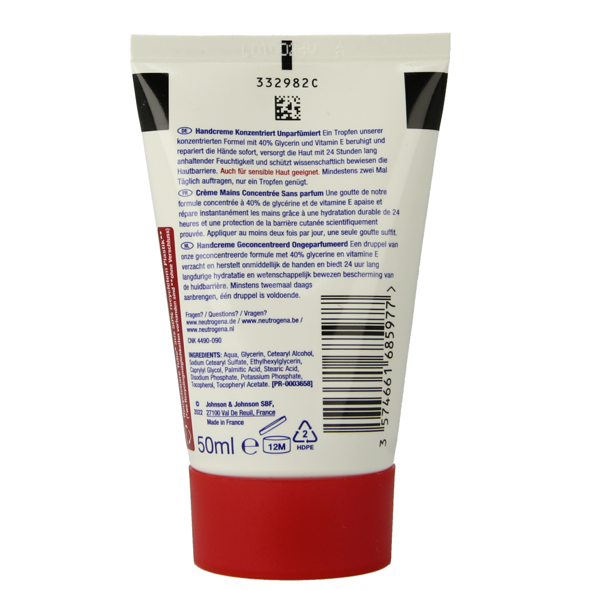Uncluttered image of Neutrogena fragrance-free hand cream in a 50ml tube, ideal for nourishing and moisturizing hands.