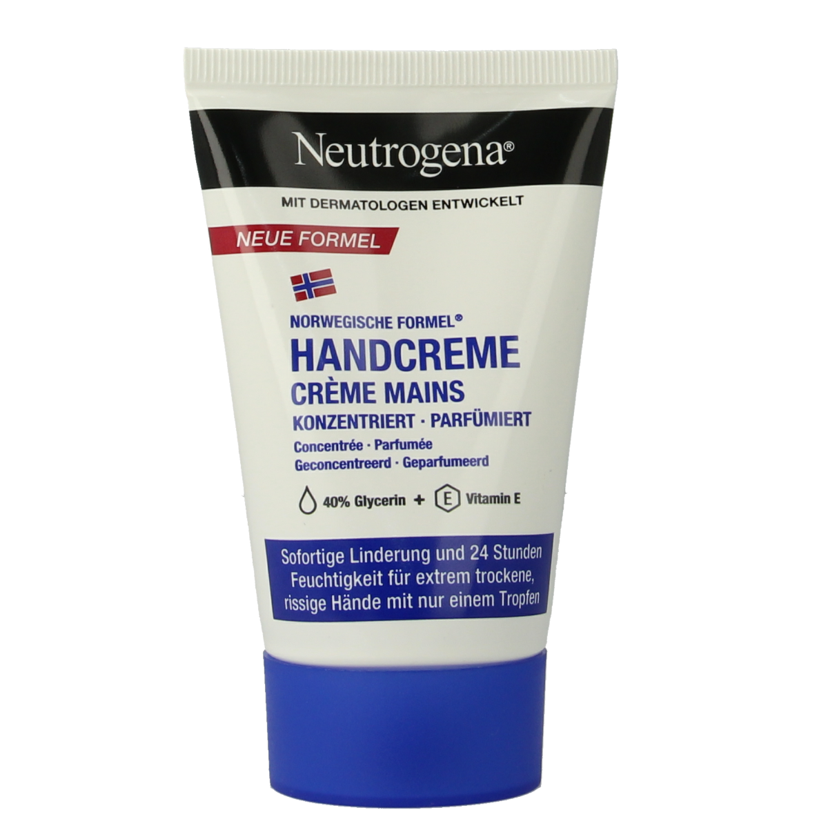Neutrogena handcreme met parfum, 50ml, smooth moisturizing handverzorging in a white tube with blue accents.