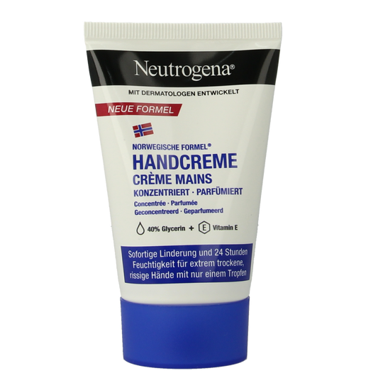 Neutrogena handcreme met parfum, 50ml, smooth moisturizing handverzorging in a white tube with blue accents.
