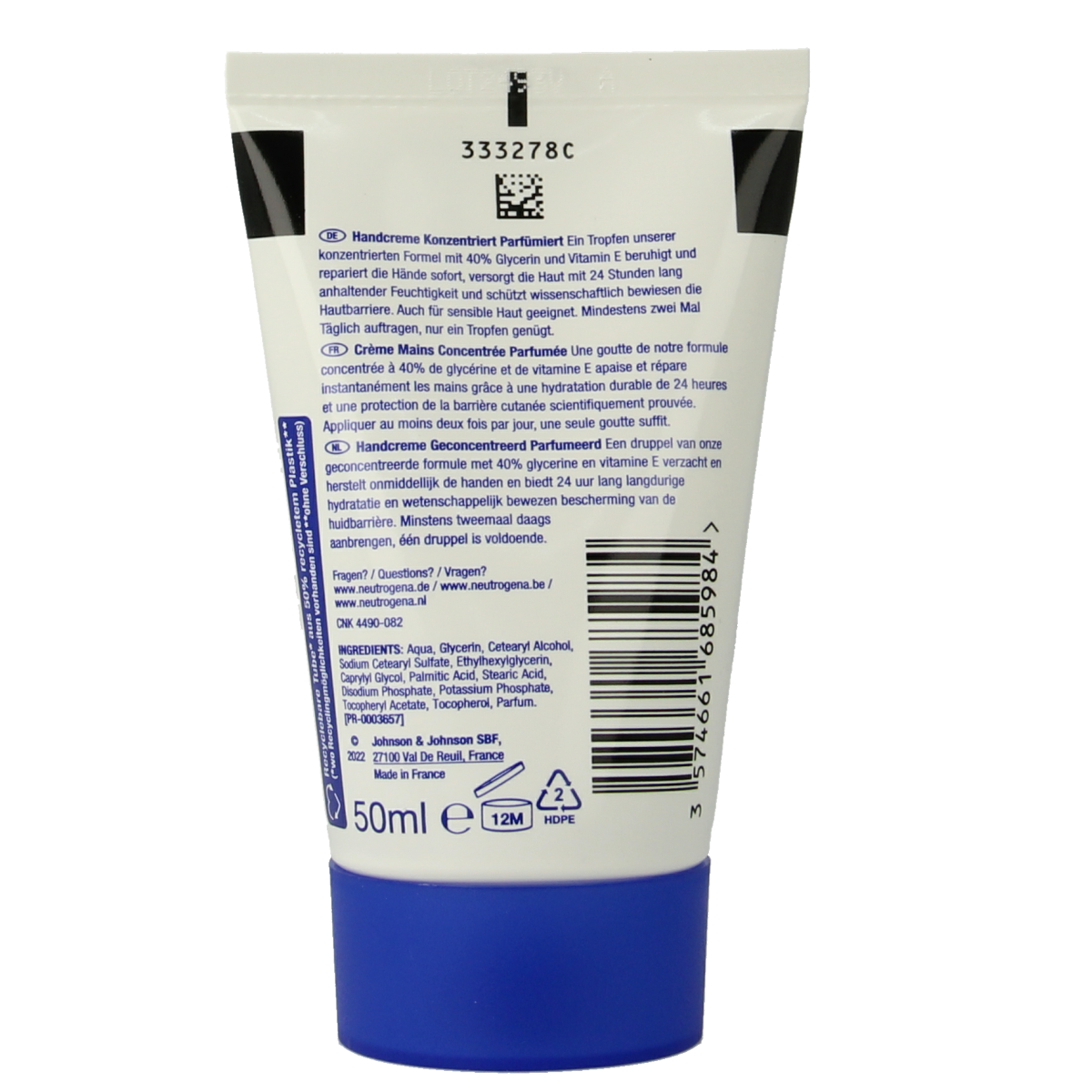 Neutrogena hand cream in a 50ml tube, scented hand care product with smooth, moisturizing texture and Neutrogena branding.
