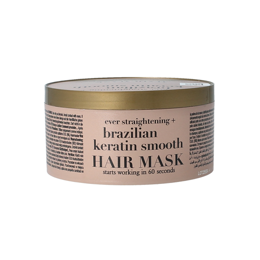 OGX Brazil Keratin Hair Mask in 300ml jar, smooth and nourish hair, featuring a rich, creamy texture for healthy-looking hair.