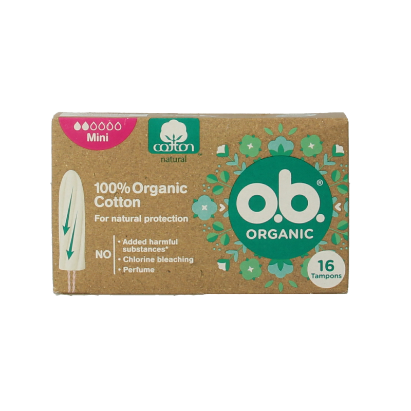OB organic mini tampons for women, 16-pack, compact and discreet menstrual protection with natural materials.