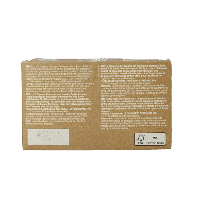 Organic OB Tampons mini, pack of 16, discreet and comfortable menstrual tampons for women, in a white and pink package.