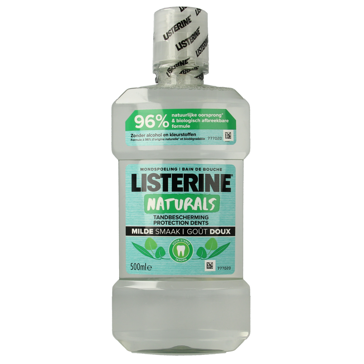 Listerine Naturals mouthwash bottle, 500ml, in a clear plastic container with a blue cap, for oral rinsing and freshening breath.