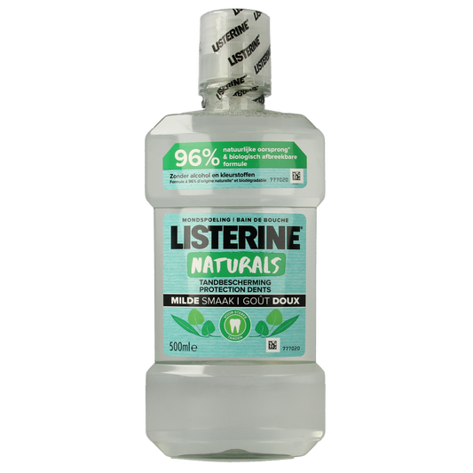 Listerine Naturals mouthwash bottle, 500ml, in a clear plastic container with a blue cap, for oral rinsing and freshening breath.