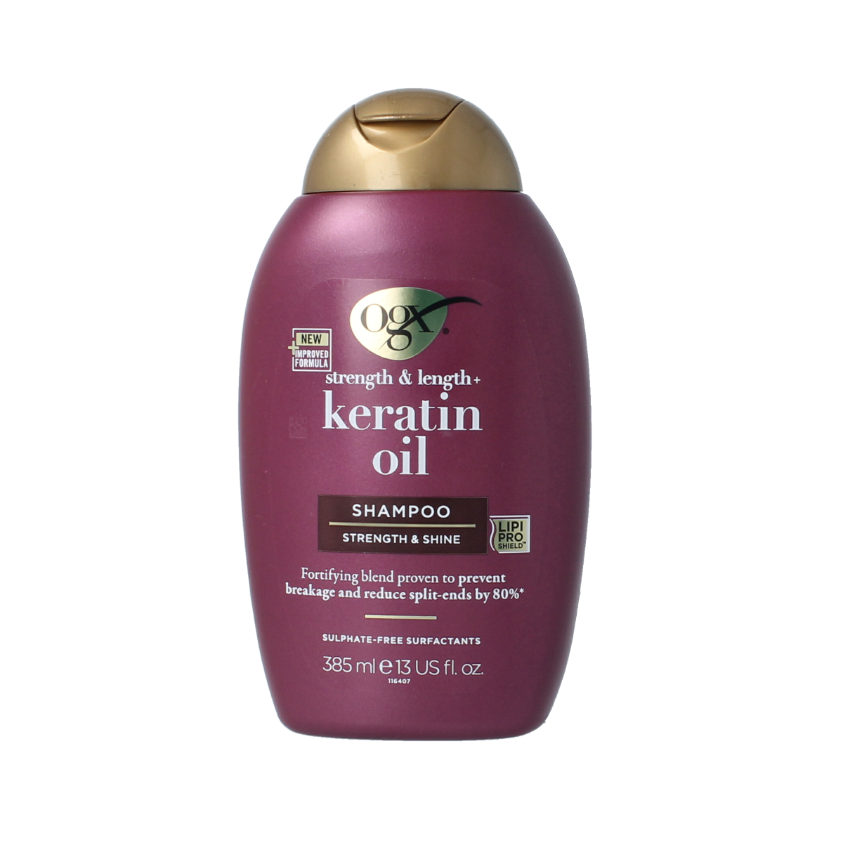 OGX Keratin Oil Shampoo bottle, 385ml, for hair care with nourishing keratin oil, displayed against a white background.