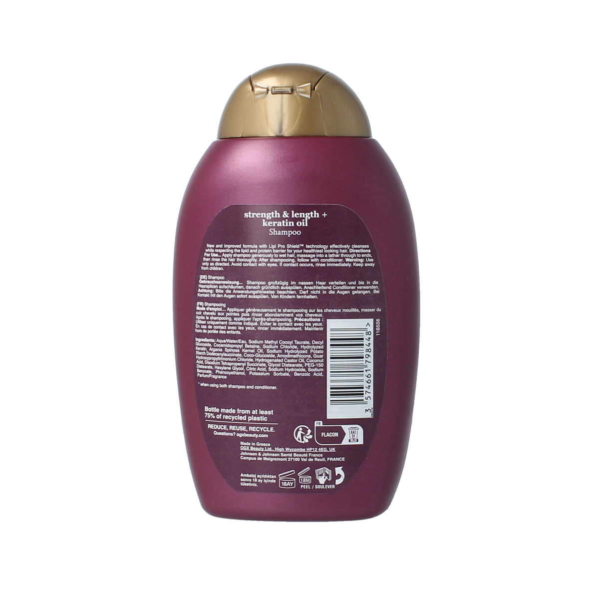 OGX Keratin Oil Shampoo bottle, 385ml, haircare product with clear labeling, designed for nourishing and strengthening hair.