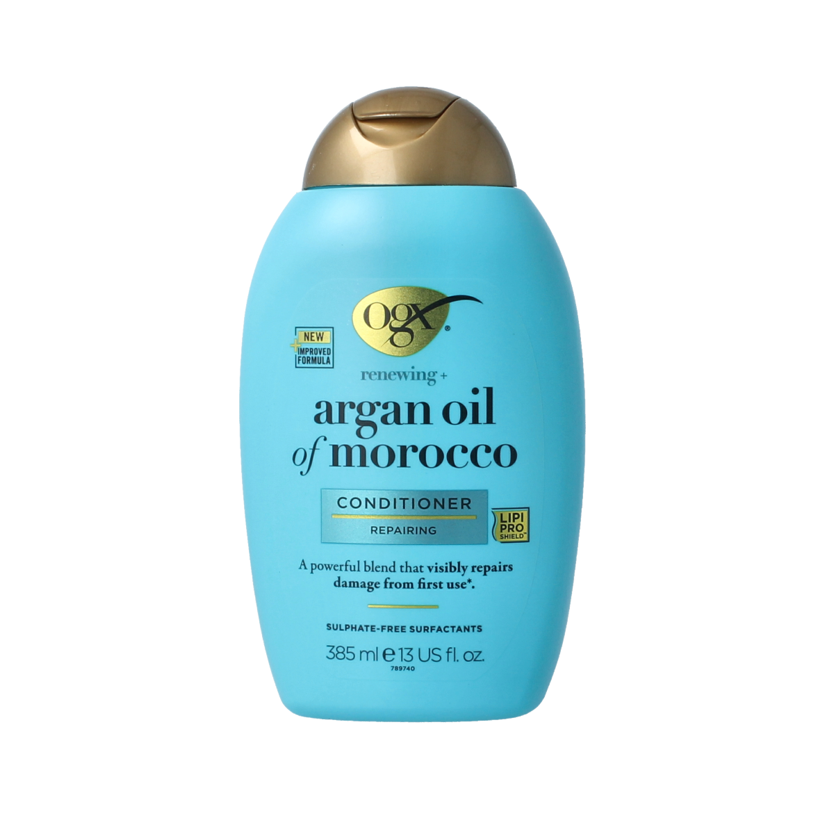 OGX Argan Oil Morocco Conditioner in 385ml bottle, showing smooth, shiny hair and the product label with brand and packaging.