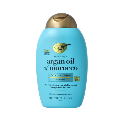 OGX Argan Oil Morocco Conditioner in 385ml bottle, showing smooth, shiny hair and the product label with brand and packaging.