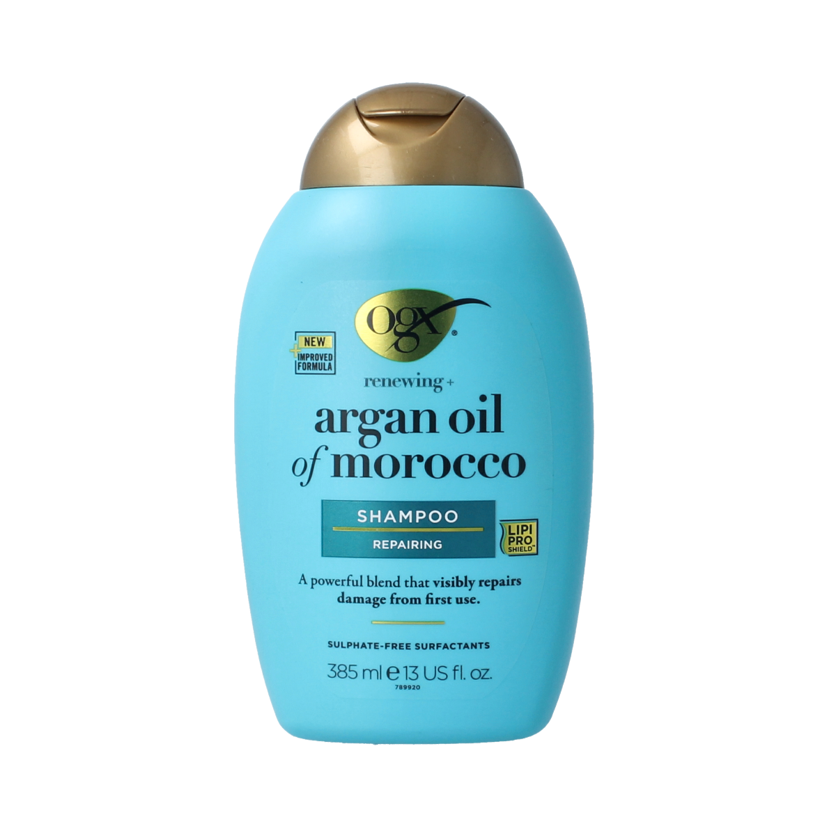 OGX Argan Oil Morocco shampoo bottle with 385ml of hair care product, featuring a sleek design and natural ingredients.