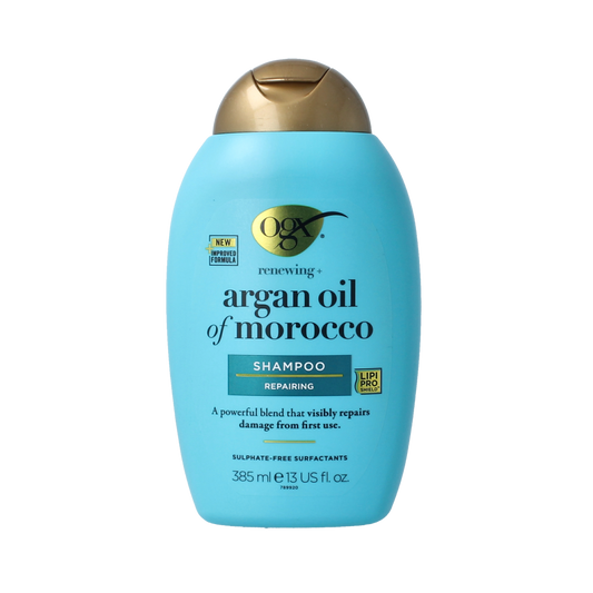 OGX Argan Oil Morocco shampoo bottle with 385ml of hair care product, featuring a sleek design and natural ingredients.