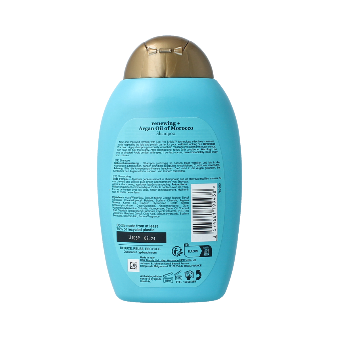 OGX Argan Oil Morocco shampoo bottle, 385ml, with a sleek design, for nourishing hair care and shine.