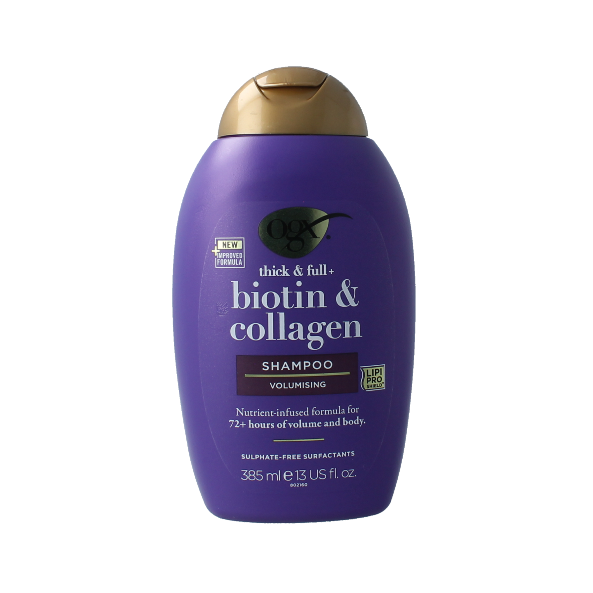 OGX biotin and collagen shampoo bottle, 385ml, for hair care, with a white and purple label featuring natural ingredients.