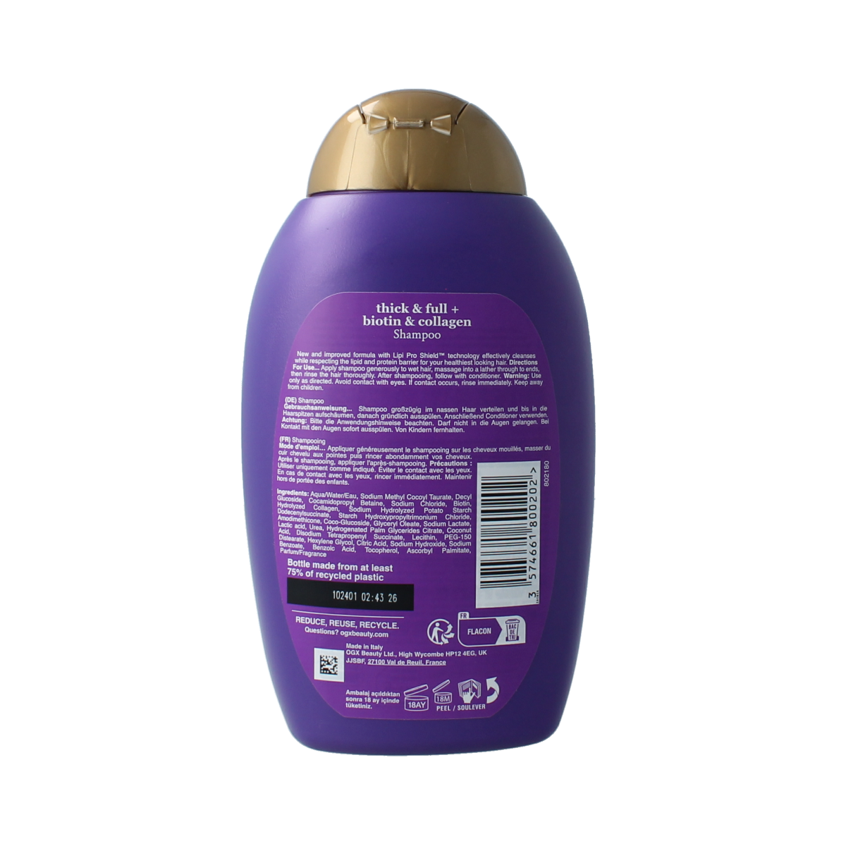 OGX Biotin & Collagen Shampoo bottle, 385ml, for strengthening and volumizing hair, with natural hair care ingredients.