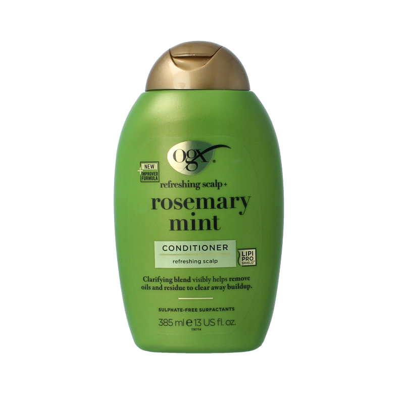 OGX Rosemary Mint Conditioner bottle, 385ml, with green and white packaging, showcasing the natural hair care product.