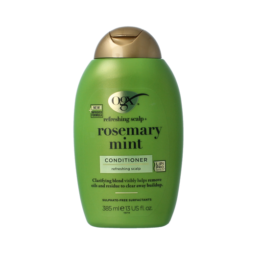 OGX Rosemary Mint Conditioner bottle, 385ml, with green and white packaging, showcasing the natural hair care product.