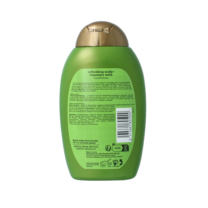 OGX Rosemary Mint Conditioner 385ml, featuring a white bottle with green accents, suitable for nourishing hair care.