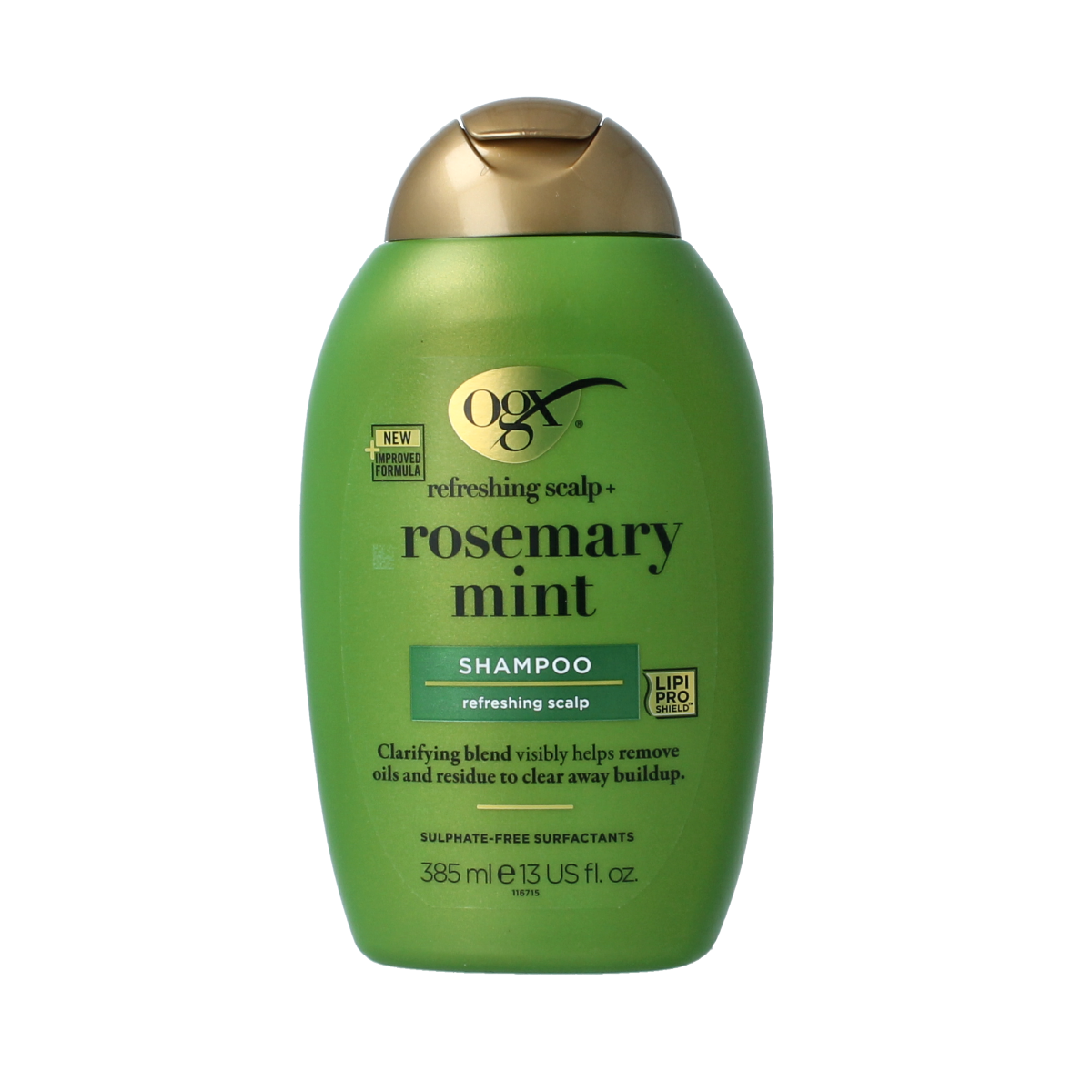 OGX Rosemary Mint Shampoo bottle in 385ml size, featuring a green and white label with rosemary and mint illustrations.