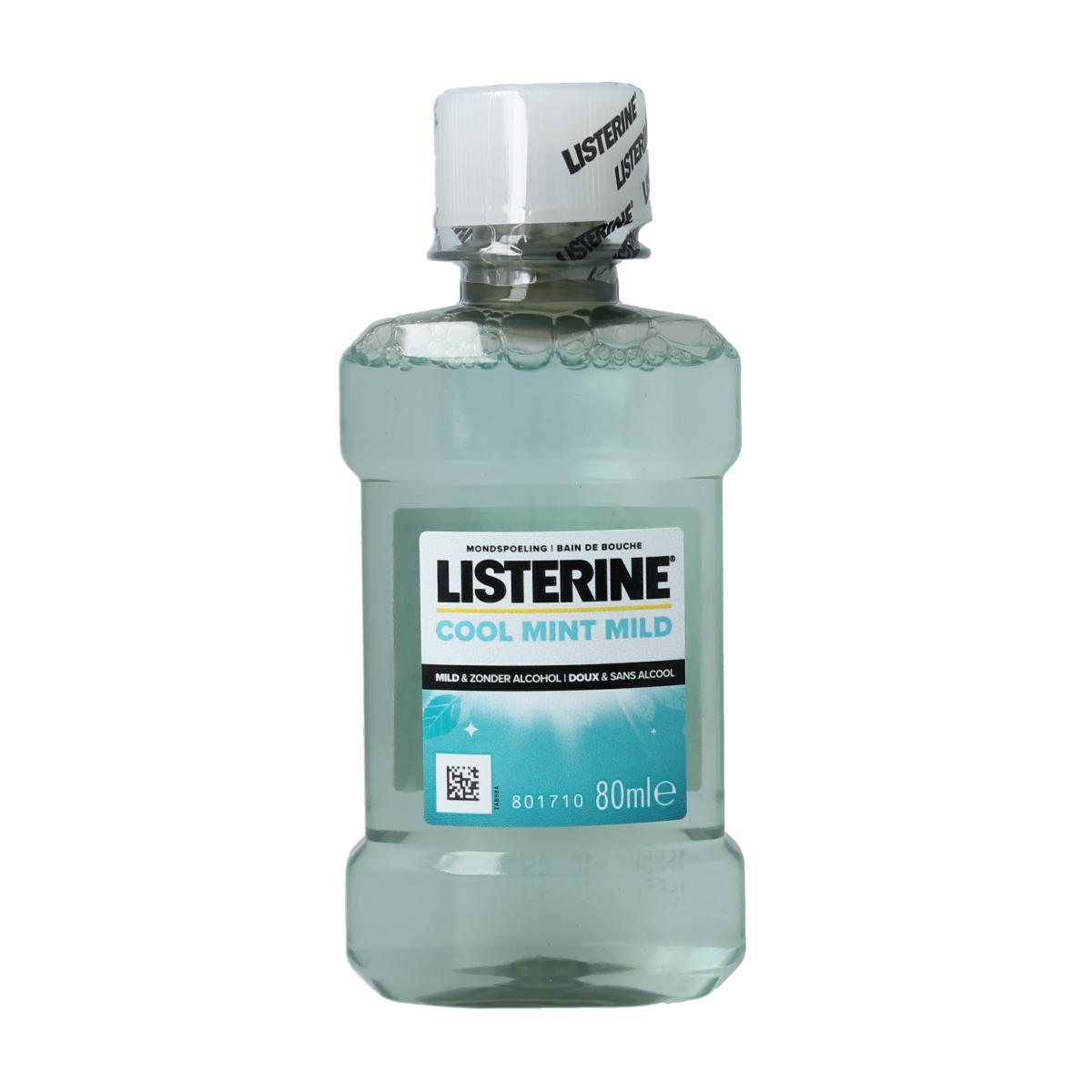 Listerine Mondwasser Cool Mint mild in 80ml bottle, mouthwash for fresh breath and oral hygiene.