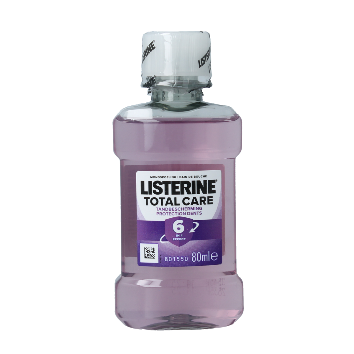 Listerine Total Care mouthwash bottle, 80ml, in clear plastic with label showing brand and product details.