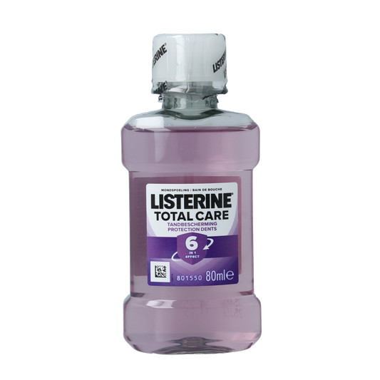 Listerine Total Care mouthwash bottle, 80ml, in clear plastic with label showing brand and product details.