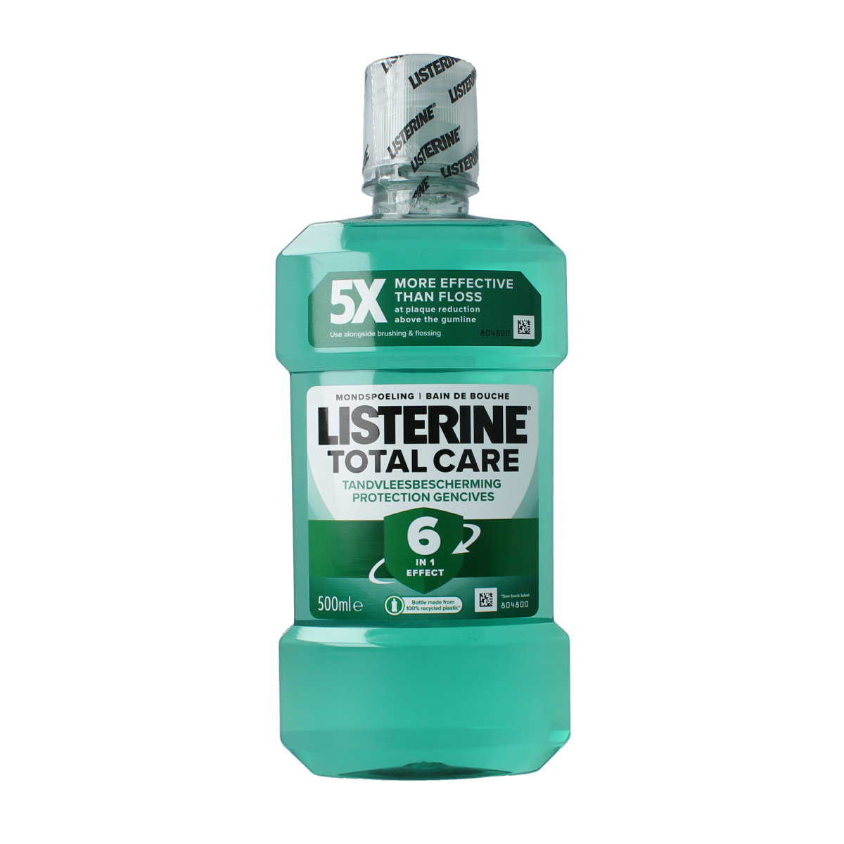 Listerine Total Care mouthwash for gum protection, 500ml, showing the bottle with label and cap.