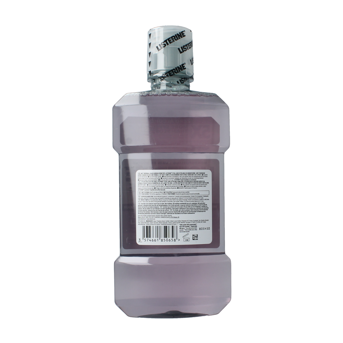 Listerine Total Care Extra Mild mouthwash in a 500ml bottle, a Listerine brand oral rinse for complete mouth care.