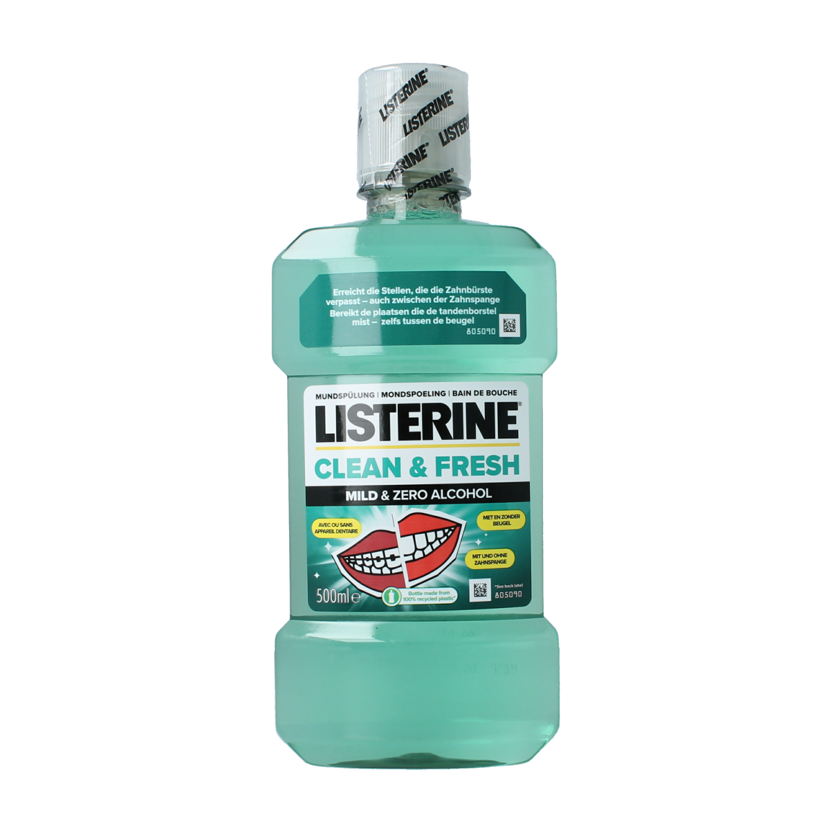 Listerine Clean & Fresh mouthwash bottle, 500ml, in clear plastic with label, showing the Listerine branding and cap.