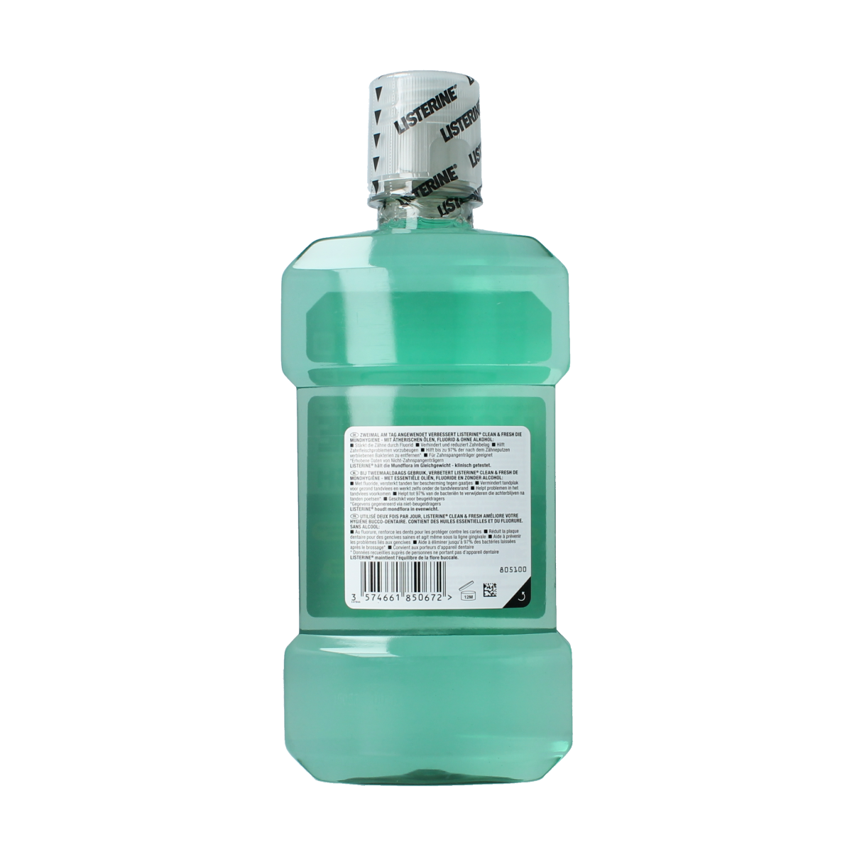 Listerine Clean & Fresh mouthwash in a 500ml bottle, alcohol-free oral rinse for fresh breath and oral hygiene.
