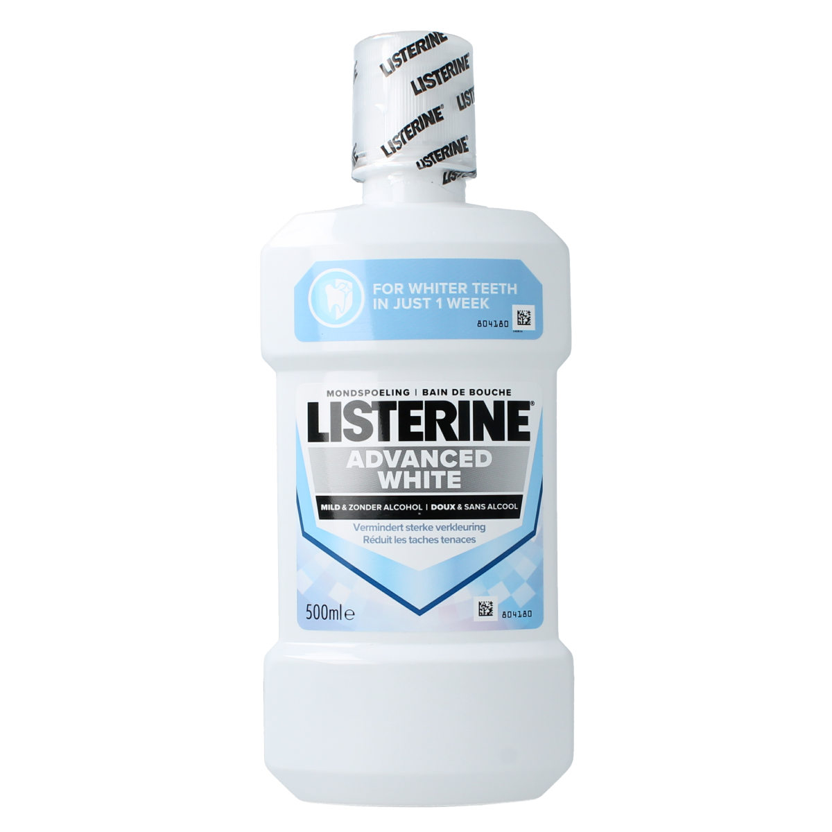 Listerine Advanced White Mild mouthwash in 500ml bottle, alcohol-free oral rinse for whitening and fresh breath.