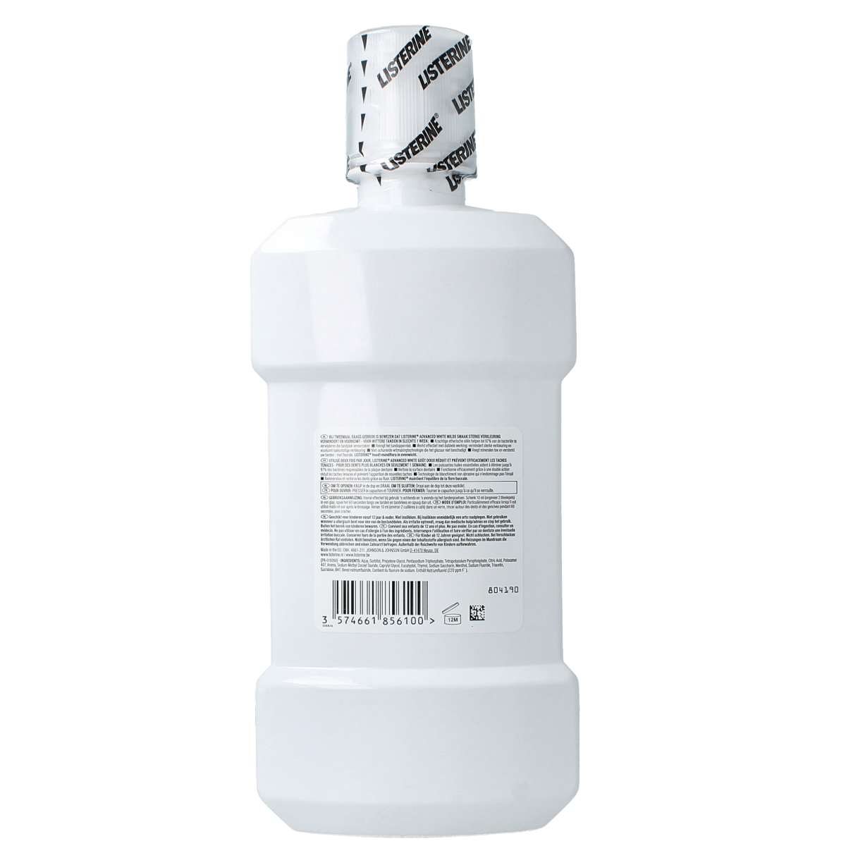 Listerine Advanced White mild mouthwash in a 500ml bottle, designed for whitening and freshening breath.