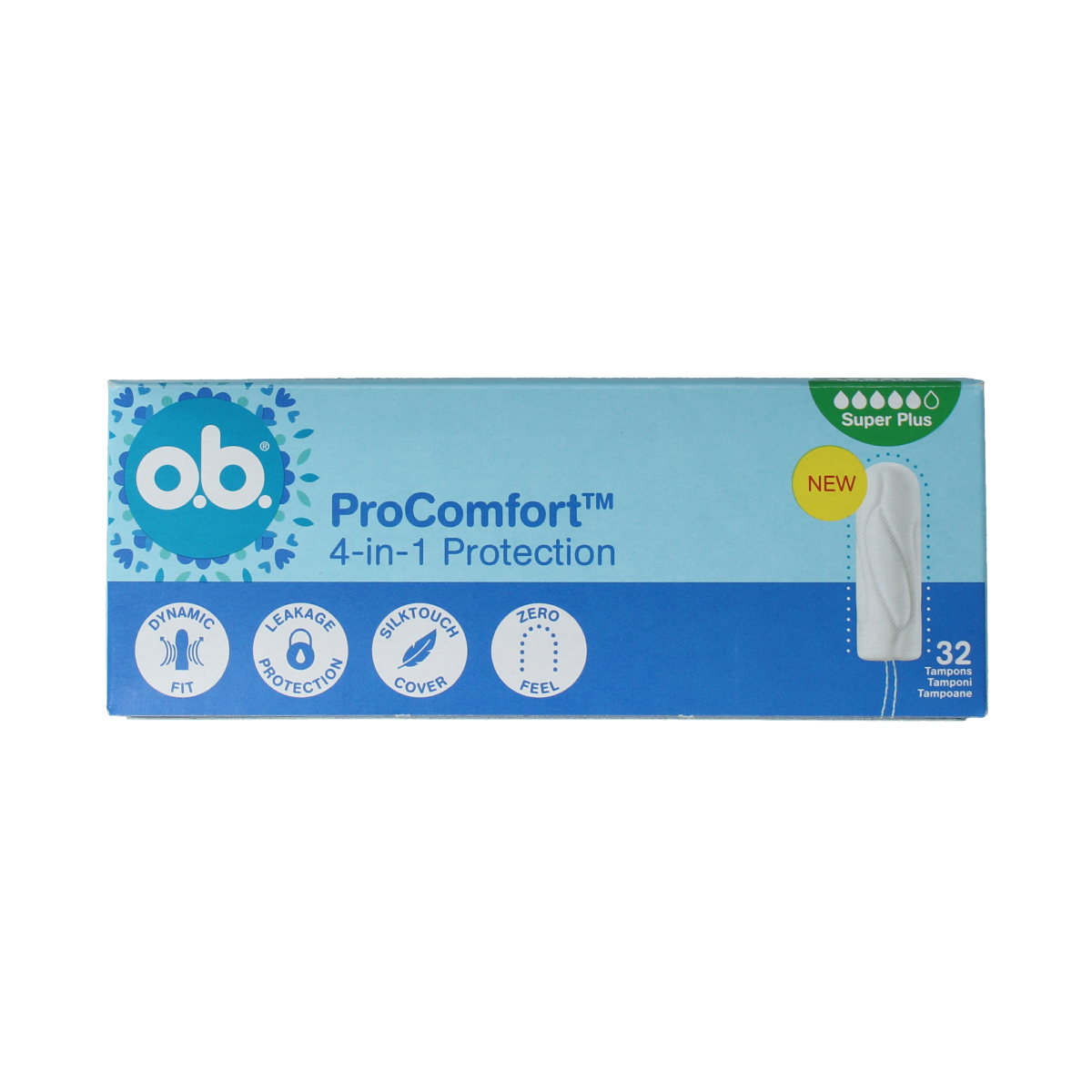 OB Tampons Pro Comfort Advanced Super Plus, pack of 32, with cardboard applicators and white tampon tips.