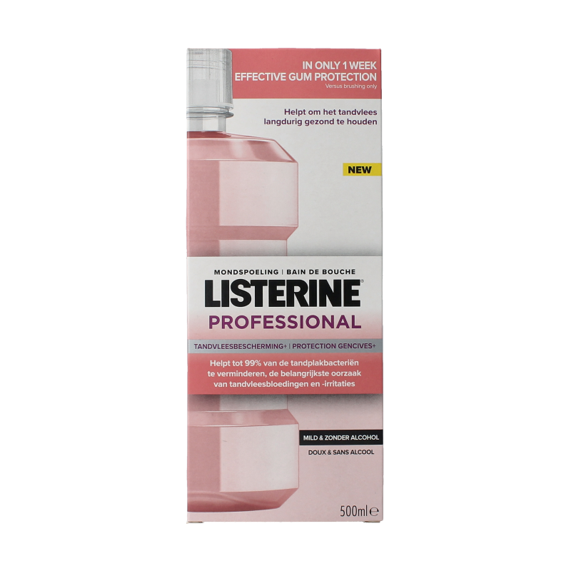 Listerine professional gum protect mouthwash in a 500ml bottle, showing the label and transparent liquid inside.