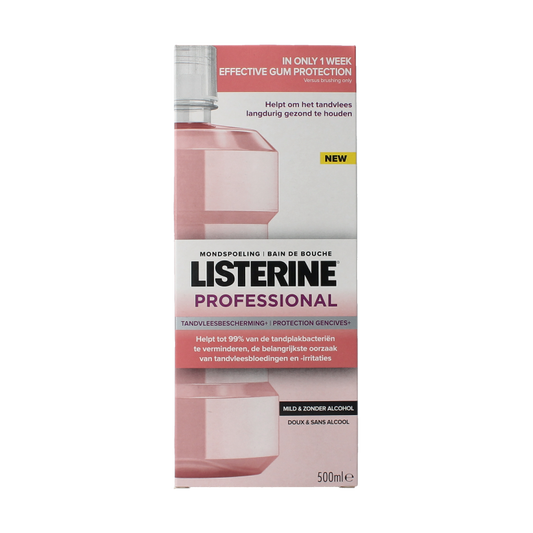Listerine professional gum protect mouthwash in a 500ml bottle, showing the label and transparent liquid inside.
