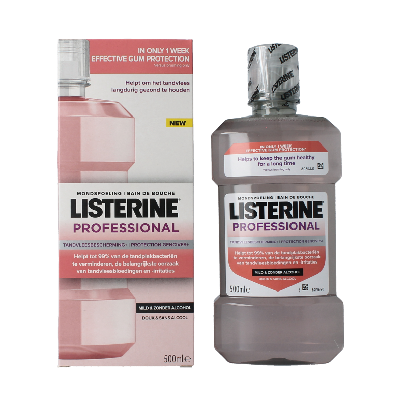 Listerine professional gum protect mouthwash in a 500ml bottle, showing the label and cap.