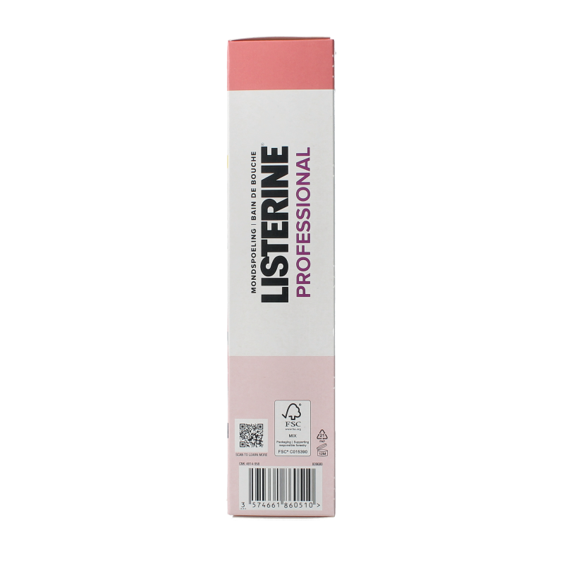 Listerine professional gum protect mouthwash in a 500ml bottle, showcasing the Listerine branding and packaging.
