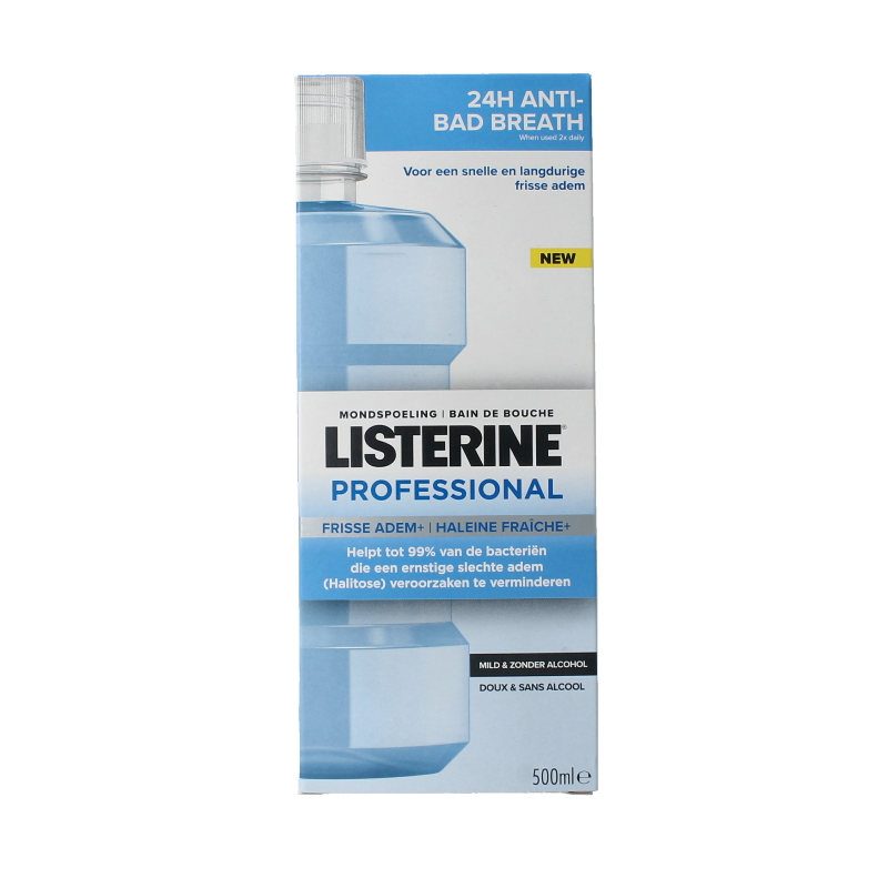 Listerine professional fresh breath mouthwash in a 500ml bottle, ideal for oral care and breath freshening.