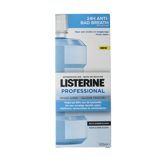 Listerine professional fresh breath mouthwash in a 500ml bottle, ideal for oral care and breath freshening.