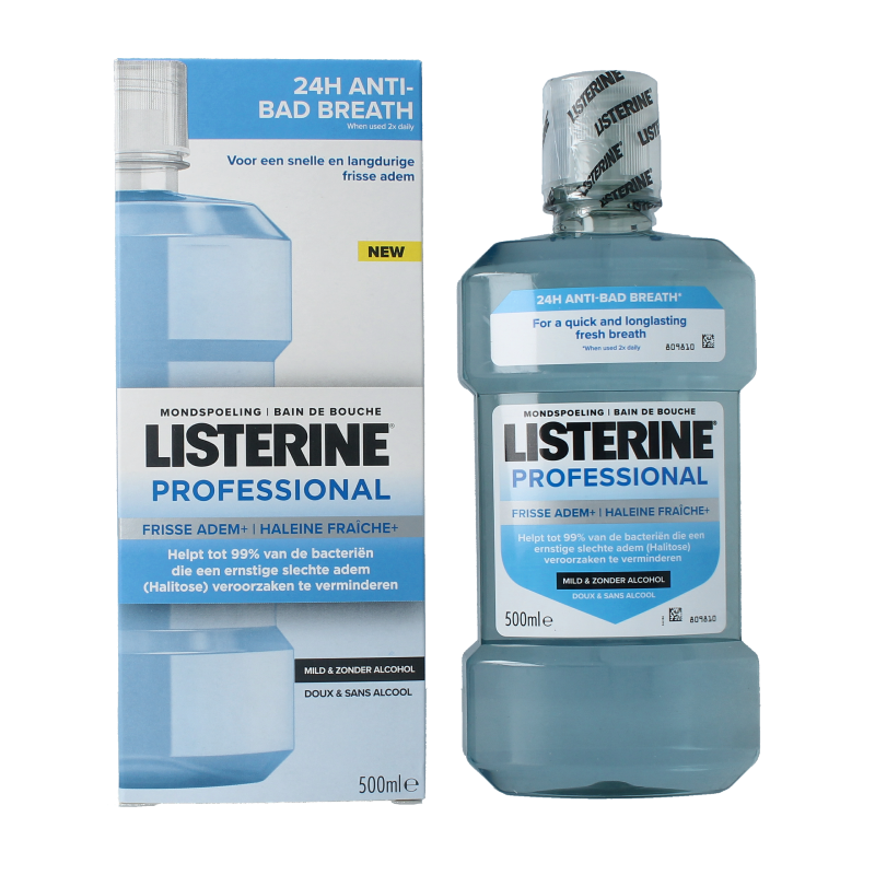Listerine professional fresh breath mouthwash in a 500ml bottle, used for oral hygiene and freshening breath.