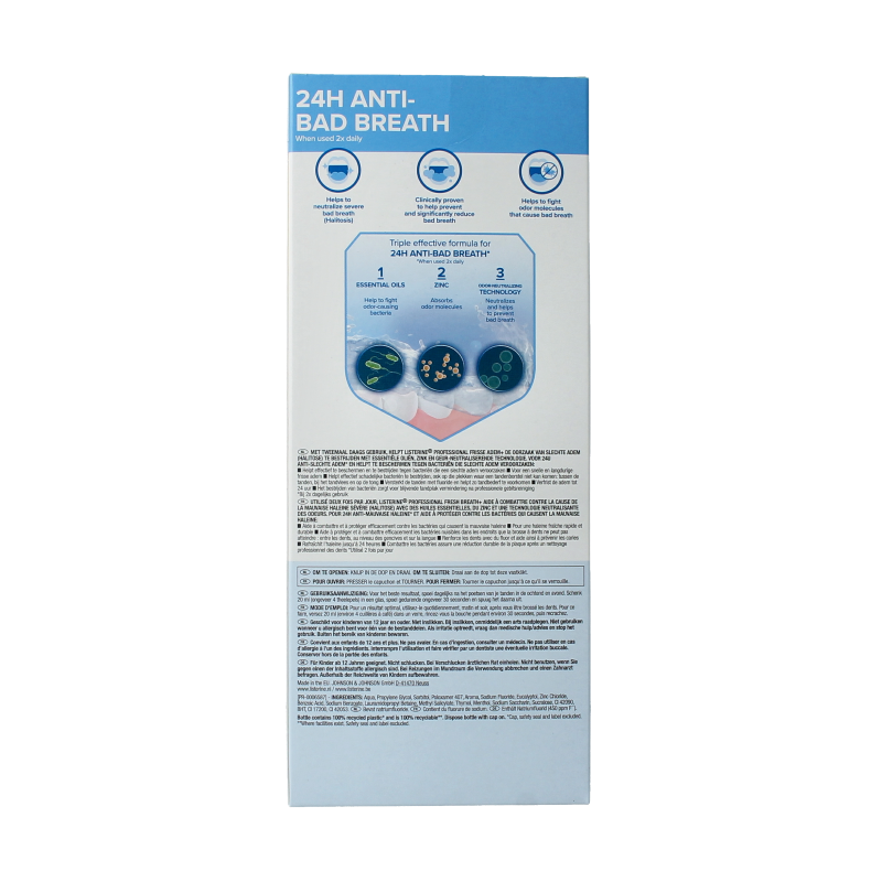 Listerine professional fresh breath mouthwash in a 500ml bottle, showcasing the Listerine branding and clear label.