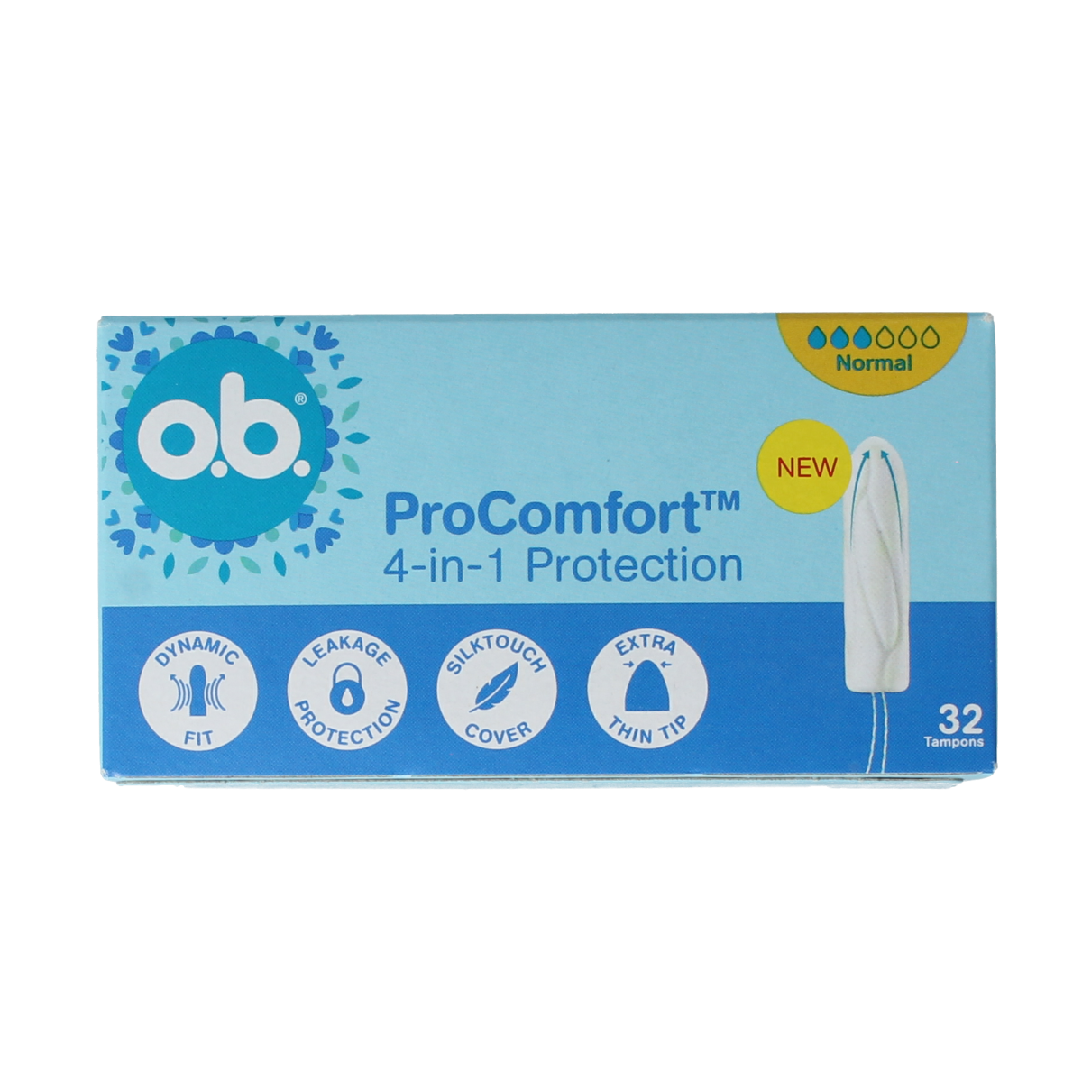 OB Tampons Pro Comfort Advanced Normal, pack of 32, discreetly shown in a box, designed for women's intimate hygiene.