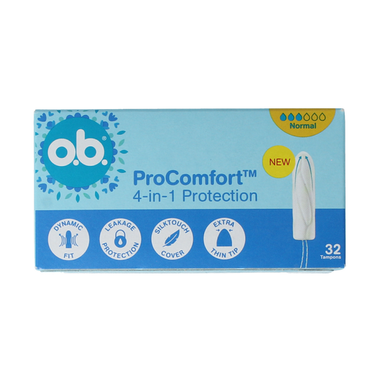 OB Tampons Pro Comfort Advanced Normal, pack of 32, discreetly shown in a box, designed for women's intimate hygiene.