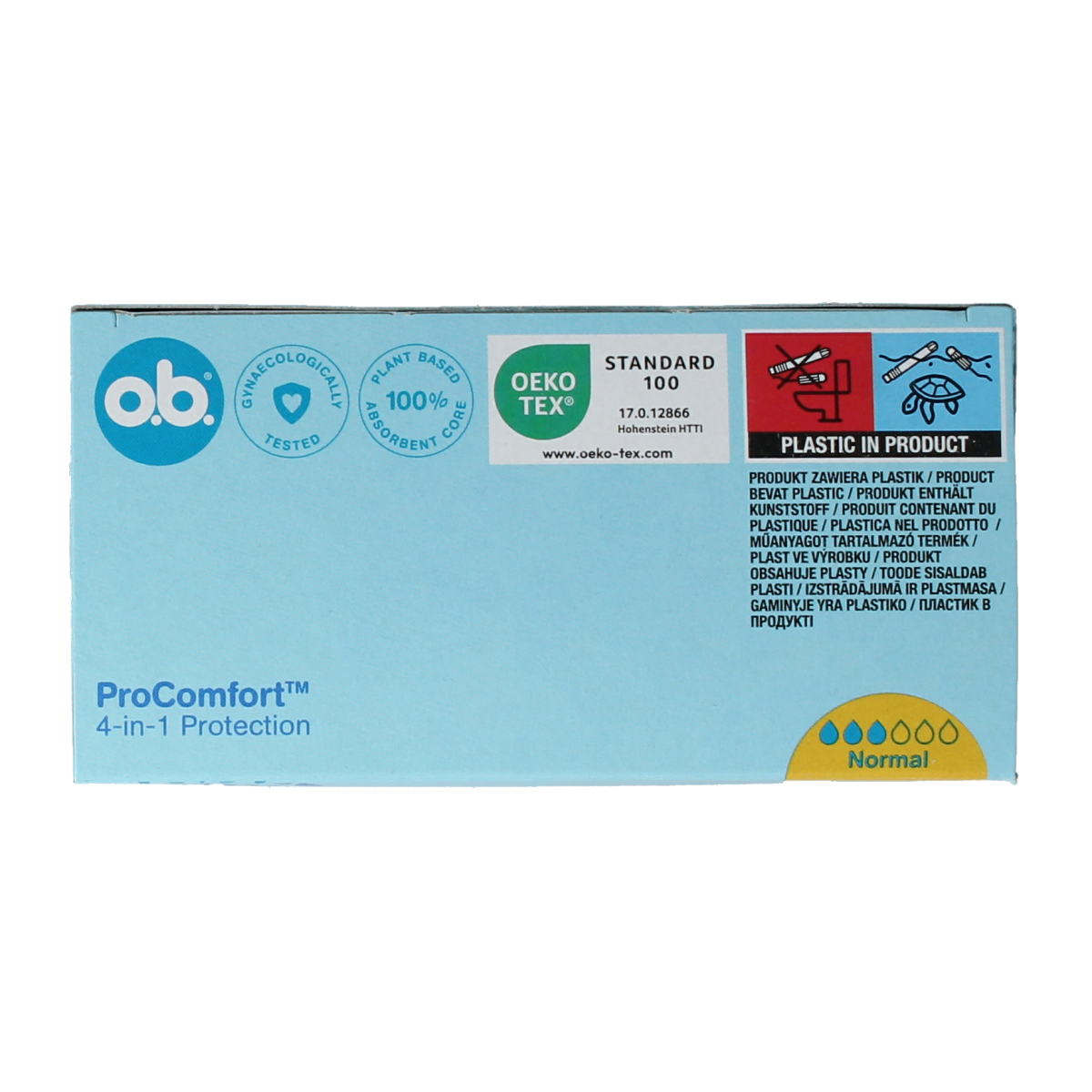 OB Tampons Pro Comfort Advanced Normal, 32-pack, feminine hygiene product for women, with white tampons and packaging visible.