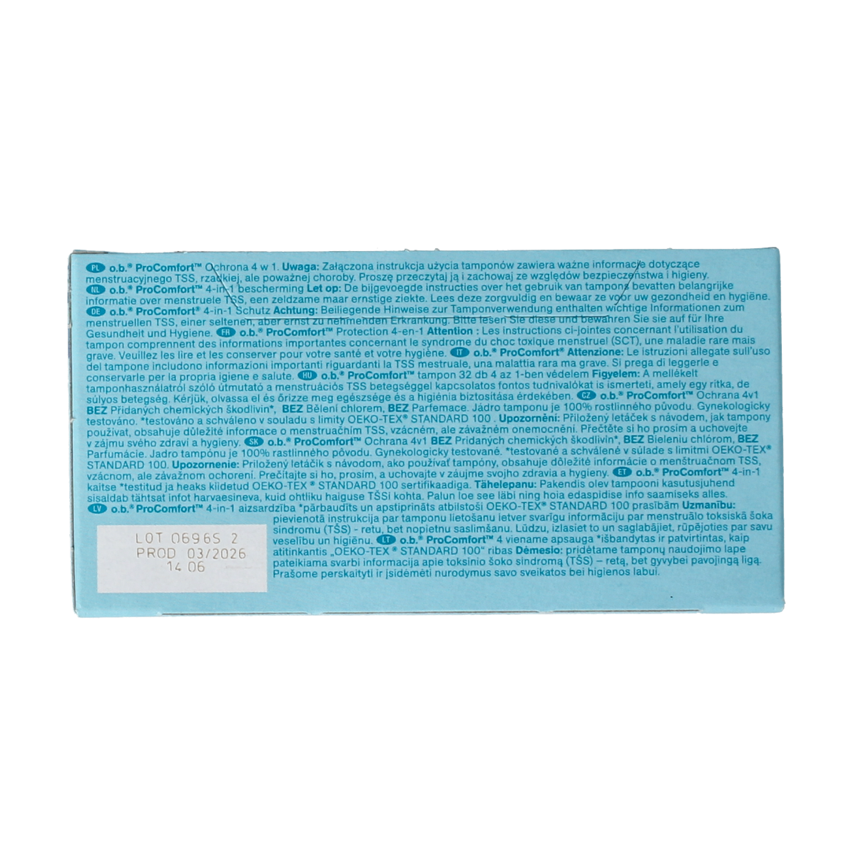 OB Tampons Pro Comfort Advanced Normal, 32 pack, feminine hygiene product designed for women, showing individually wrapped tampons.